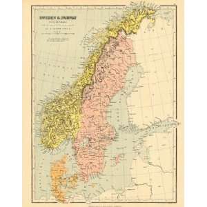  Bartholomew 1858 Antique Map of Sweden & Norway Kitchen 