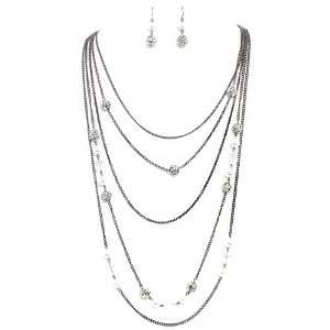 Long Layered Necklace Set; 34L; Gunmetal And Burnished Silver Metal 
