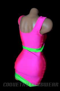 Neon Green & Pink UV Glow Banded Colorblock Sexy Clubwear Lycra Mini 