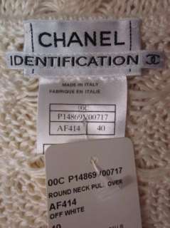CHANEL IDENTIFICATION 00C Off White Linen Crochet Knit Sweater sz 40 