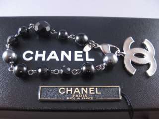 Auth CHANEL 00V Huge Silver CC Blk Pearl Beads Bracelet  