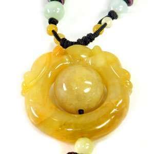  Twin Dragon Yellow Jade Necklace (Dark Brown Cording 