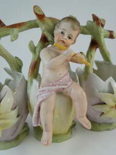 Antique German Bisque Cherub Flute Flower Vase Figurine Statue Vintage 