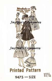 9475 Vintage Doll Clothes Pattern Barbie Teen 11 1/2  