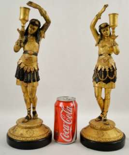 Pr Vintage Egyptian Revival Gilt Spelter Figural Candleholders 