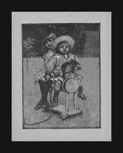CHILDREN Riding Hobby Horse, antique engraving 1890  