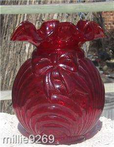   Fenton Country Cranberry Vase Caprise w Bow YOP 1988 92 #9754  