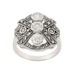  Sterling Silver Marcasite 3 Stone Clear Glass Ring, Size 9 