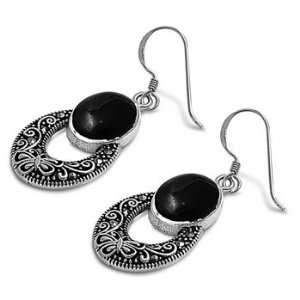   Silver Earrings Black Onyx, Marcasite Fish Wire Earring Jewelry