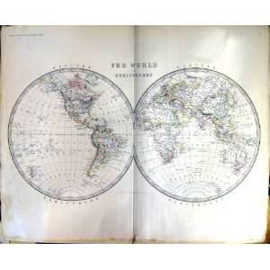  JOHNSTON ANTIQUE MAP 1883 WORLD HEMISPHERES AMERICA AFRICA 