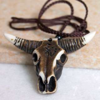 Tibetan Yak Bone Carving Oxhead Tauren Pendant Necklace  