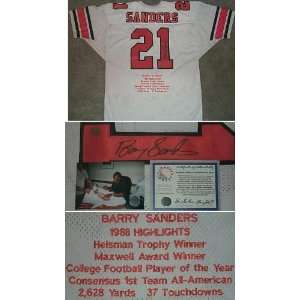  Barry Sanders Signed Oklahoma State Stat White Jersey 