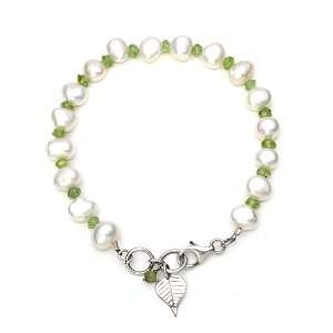    Handmade Pearl and Peridot Bracelet with Silver Bodhi Leaf Jewelry