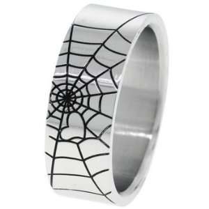  Spider Web Laser Inlay Mens Stainless Steel Ring   Size 