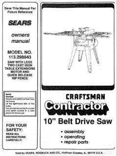  Craftsman Table Saw Owners Manual Many Models Av.  