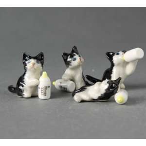  Miniature Porcelain Animals Black & White Kitten Set 