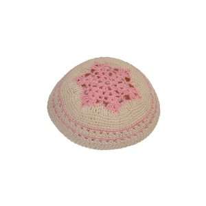  Set of 5, 18 Centimeter Knitted Kippah with Pink and Cream 