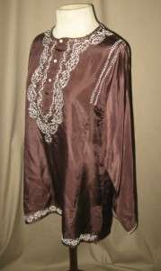JEST JEWELS San Francisco Brown Silk Embroidered in India Tunic Top Sz 