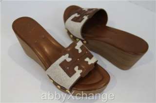 New TORY BURCH TERRI Canvas Almond Brown Wedge Thong Sandal size 7 