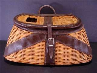 VINTAGE OLD WICKER FISHING CREEL LEATHER ACCENTS  