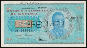 Katanga 20 Francs (1960) SPECIMEN, P.6s UNC  