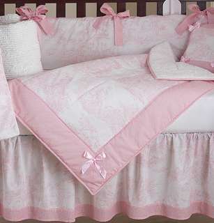   FRENCH PINK WHITE TOILE GIRL DISCOUNT BABY BEDDING 9pc CRIB SET  
