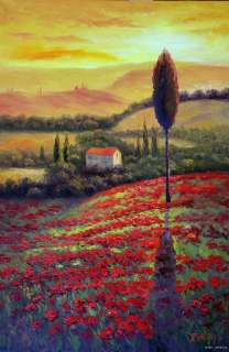 Tuscany Italian Golden Sunset Home Red Poppy Valley 24X36 Oil Painting 