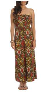 WET SEAL Long Boho Strapless Ruffle Brown Tribal Print Tube Maxi Dress 