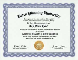 PARTY PLANNING DIPLOMA EVENT PLANNER DEGREE GAG GIFT  
