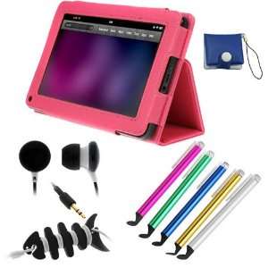  Hot Pink Folio Stand Leather Case + 5pc Universal Stylus with Flat 