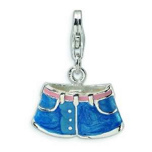 Sterling Silver 3 D Enameled Blue Jean Shorts W/Lobster Clasp Charm