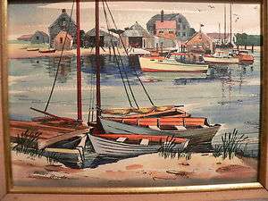   LISTED ARTIST ORIG WATERCOLOR HARBOR SAIL SEASCAPE PAINTING FRAMED