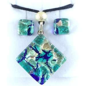 Aqua Blue Gold Murano Glass Necklace and Earrings Jewelry Set