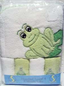 Spasilk Baby Green Frog Hooded Towel & 4 washcloths  