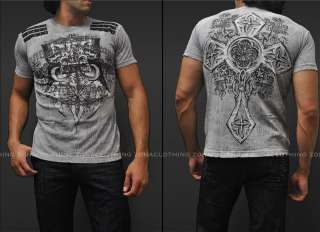 Affliction Evolution Military Style T Shirt Tee Silver Studs Cross 