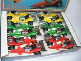 12 VINTAGE 1970S PULL BACK TOY DRAGSTER CARS IN BOX  