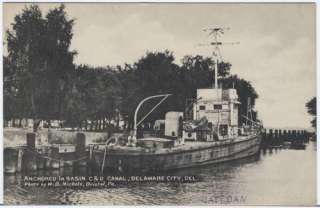 DELAWARE CITY DE Anchored Towboat 40s Canal Postcard  