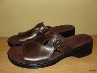 BFS01~CLARKS Dark Brown Leather Buckle Strap Front Slide Sandals Shoes 