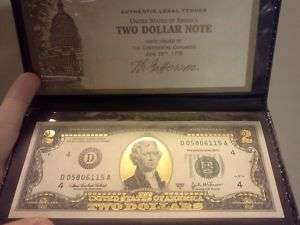 24K Gold $2 Two Dollar Bill Federal Reserve Note  