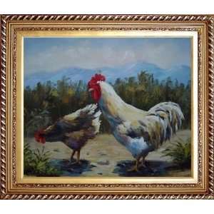 Cook and Hen Oil Painting, with Exquisite Dark Gold Wood Frame 26.5 x 