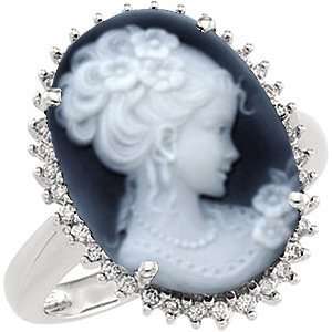 14k White Gold Victorian Woman Black Agate Cameo and Diamond Ring 