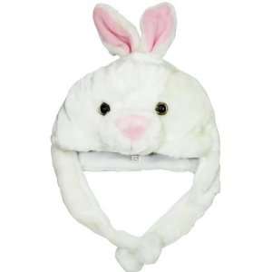  White Bunny Hat with Long Fur Balls Plushy Rabbit Animal 