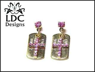   Crystal Cross Pierced Earrings w/ Mini Dogtags~ Support Troops  