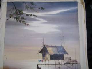 Cambodian lake house long boat Kmer oil painting A  