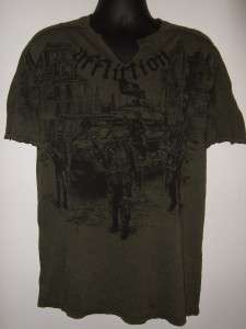 NEW ~ AFFLICTION Mens SKELETON GHOST ARMY Military Green Slit Neck Tee 
