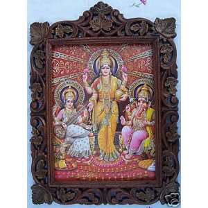  Lord Saraswati, Laxmi & Ganesha pic in Wood Frame 