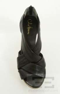 Cole Haan Nike Air Black Leather Cork & Woven Strappy Wedge Heels 