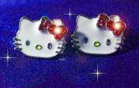 Cute Kitty Red Bow earrings ear studs rings with crystal stones / top 