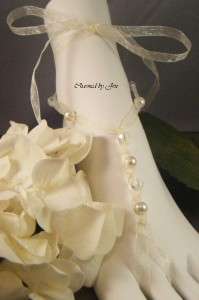   Wedding Beach Bridal Czech Glass & Pearl Ribbon BAREFOOT SANDALS New