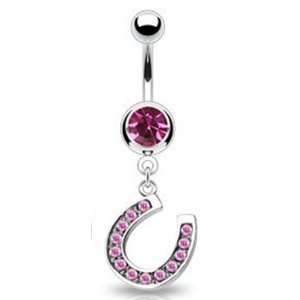 Dangling Horseshoe Belly Button Navel Ring Dangle with Pink Cz Gems 